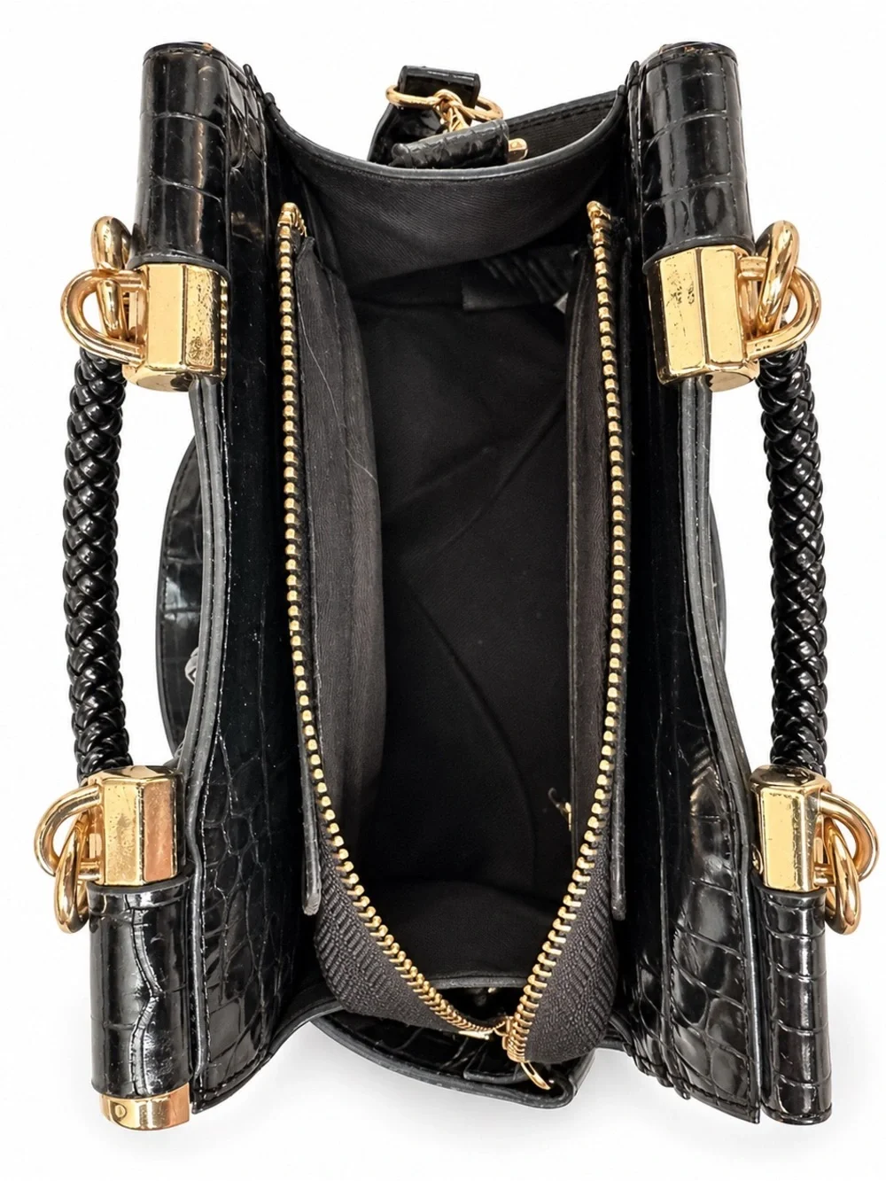 bebe Black Croc-Embossed Top Handle Satchel with Tassel